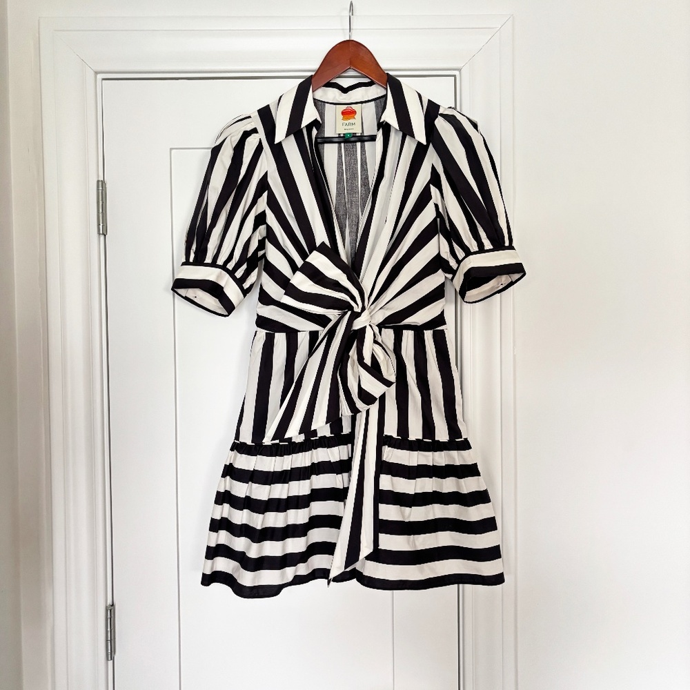 Farm Rio Mixed Stripes Short-Sleeve Bow Mini Dress - SIZE SMALL